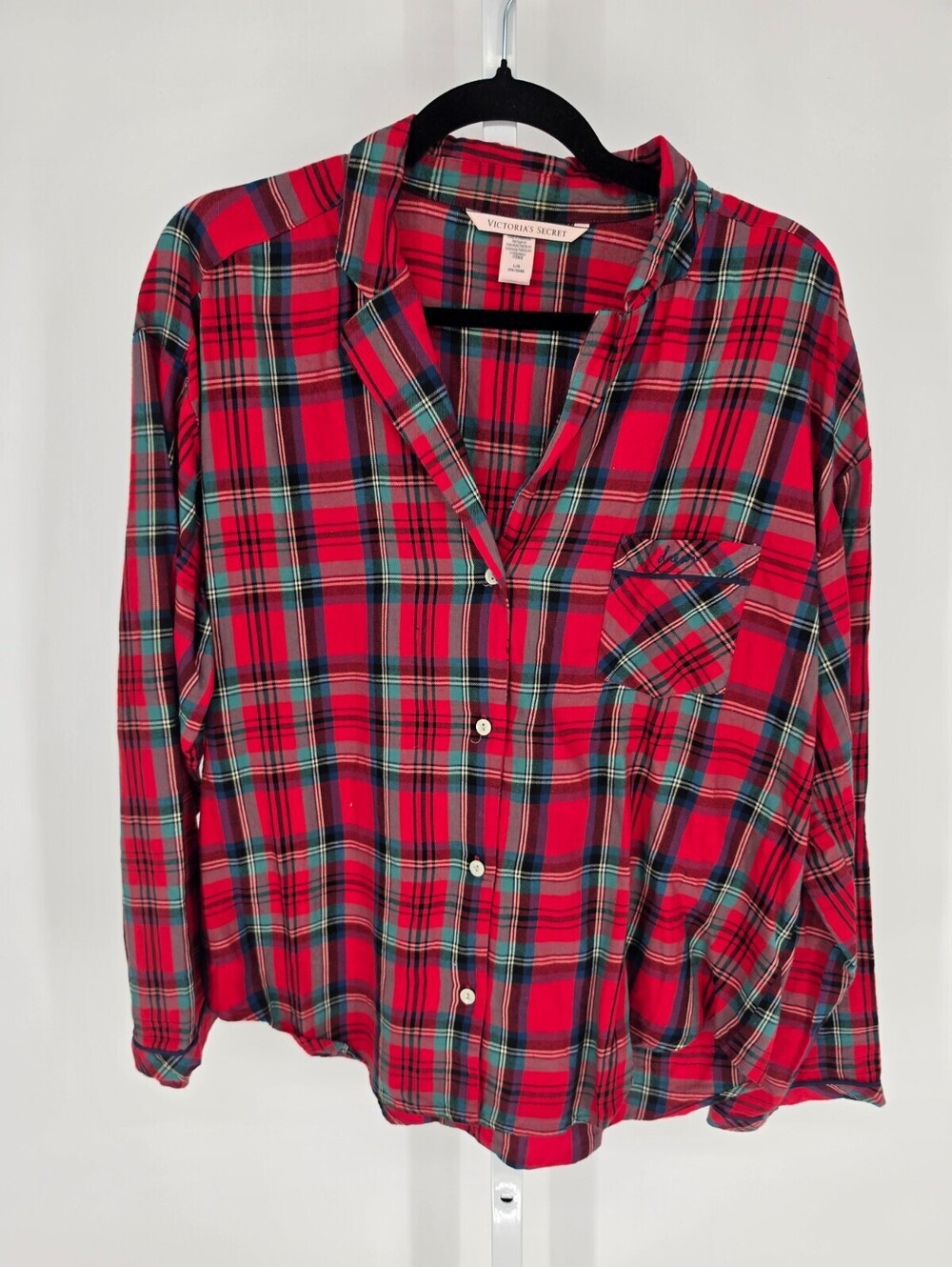 Victorias Secret Womens Sz L Long Sleeve Button Up Pajama Top Red Black Plaid